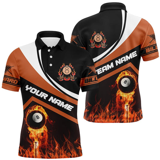 Billiard Polo Shirts, Customized Name Flaming 8 Ball 3D Billiard Polo Shirts, Custom Billiard 8 Ball For Team, Billiards Team Shirts