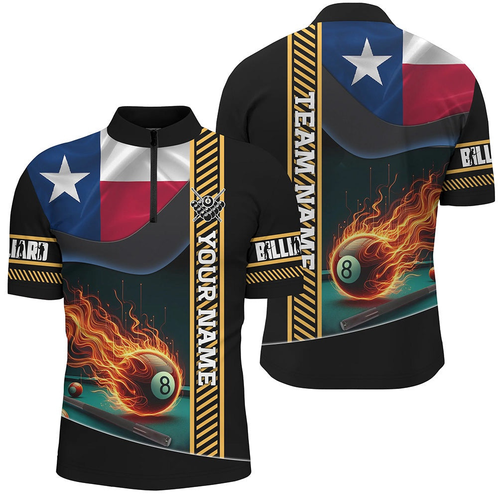 Billiard Polo Shirts, Customized Texas Flag Flame 8 Ball Pool Polo Shirt, Patriotic Billiard Jerseys, Billiards Team Shirts