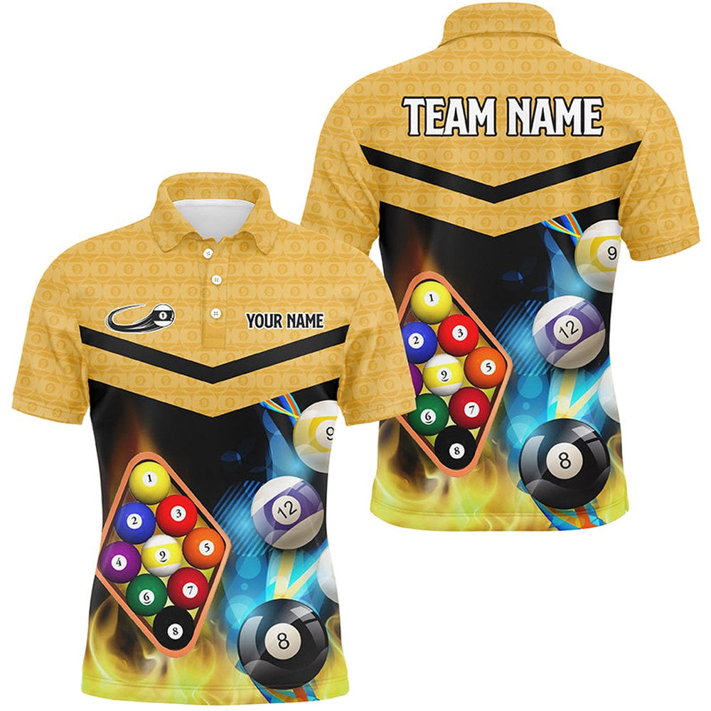Billiard Polo Shirts, Customized Yellow Billiard 9 Ball 3D Polo & Polo Shirts, 9 Ball Pool Jerseys Attire, Billiards Team Shirts