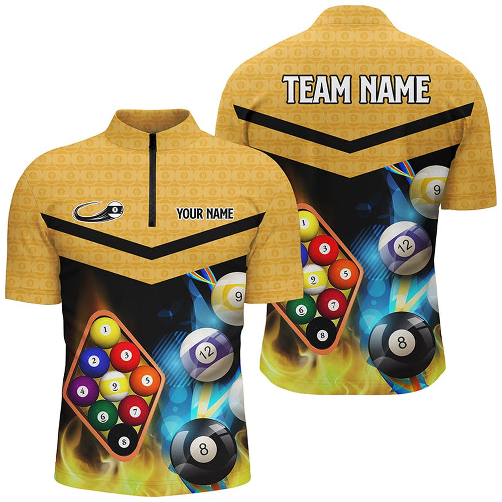 Billiard Polo Shirts, Customized Yellow Billiard 9 Ball 3D Polo & Polo Shirts, 9 Ball Pool Jerseys Attire, Billiards Team Shirts