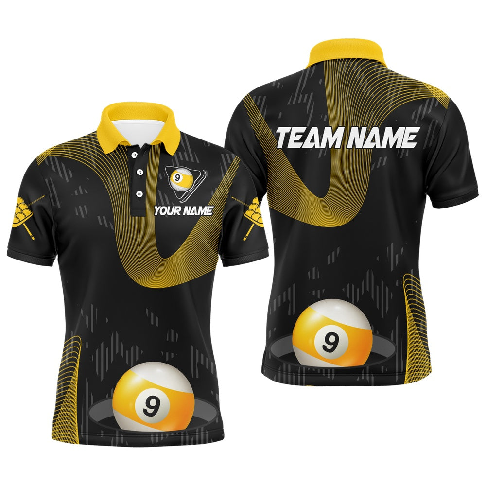 Billiard Polo Shirts, Customized Yellow Black 9 Ball Pool 3D Printed Billiard Shirts, 9 Ball Billiard Jerseys, Billiards Team Shirts