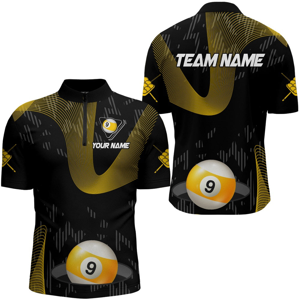 Billiard Polo Shirts, Customized Yellow Black 9 Ball Pool 3D Printed Billiard Shirts, 9 Ball Billiard Jerseys, Billiards Team Shirts