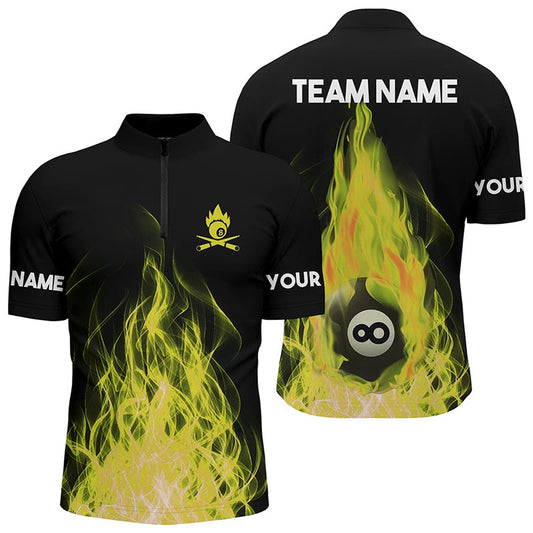Billiard Polo Shirts, Customized Yellow Flaming Billiard 3D Polo Shirts Custom Billiard 8 Ball Team, Billiards Team Shirts