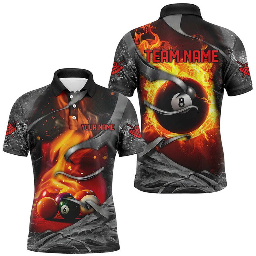 Billiard Polo Shirts, Dark Grey 8 Ball Pool Fire Flame 3D Printed Billiard Shirts Custom Billiard Balls Team Jerseys, Billiards Team Shirts