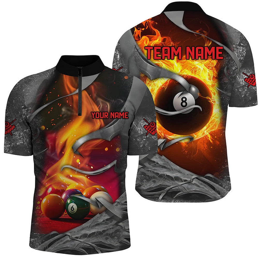 Billiard Polo Shirts, Dark Grey 8 Ball Pool Fire Flame 3D Printed Billiard Shirts Custom Billiard Balls Team Jerseys, Billiards Team Shirts