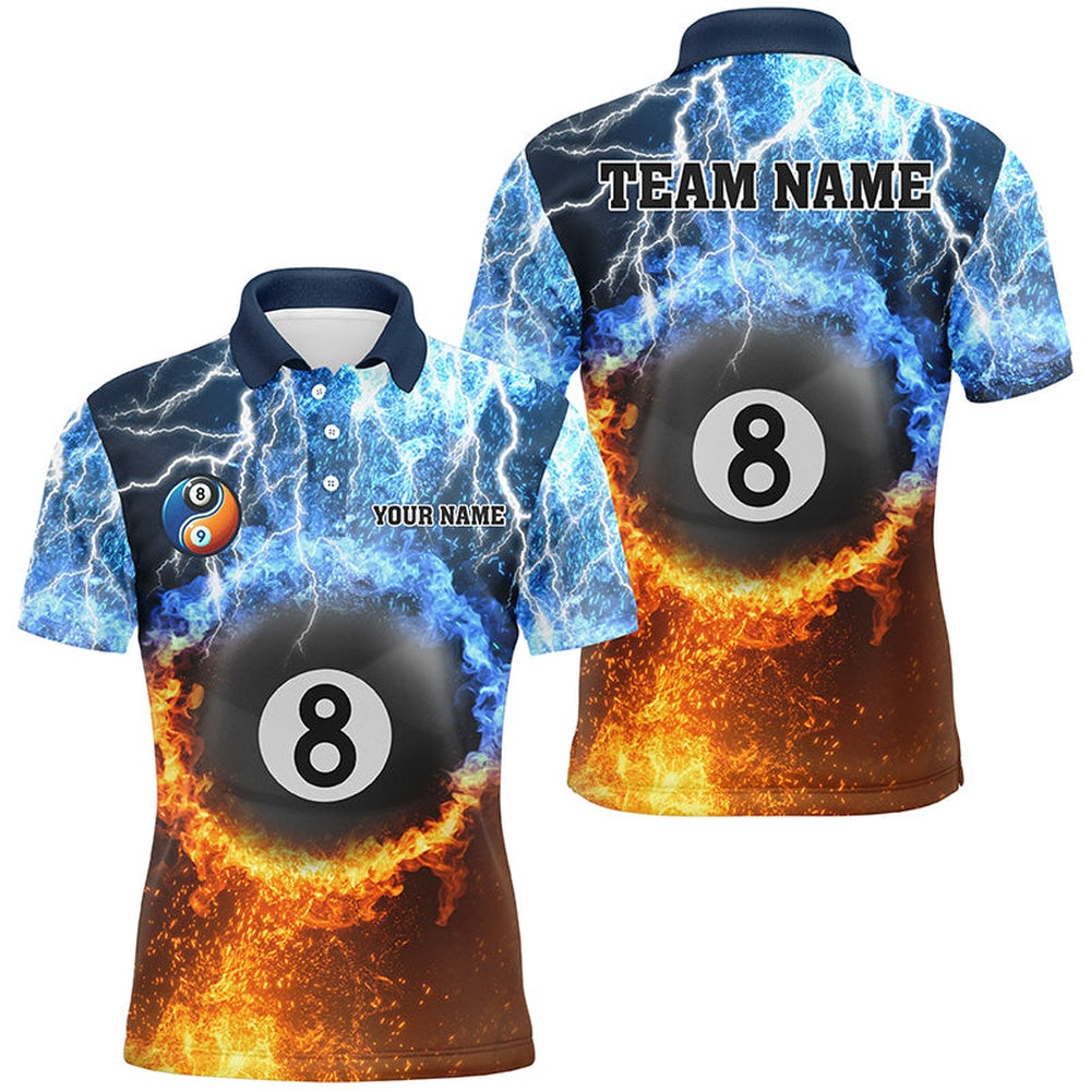 Billiard Polo Shirts, Fire And Water 8 Ball Pool Thunder Lightning Custom Billiard Shirts, Funny Billiard Jerseys, Billiards Team Shirts