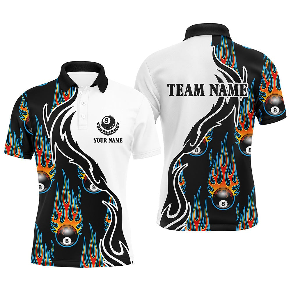 Billiard Polo Shirts, Flaming 8 Ball Billiard Pattern Custom Name Polo Shirts, Custom Basis Design Pool Shirts, Billiards Team Shirts