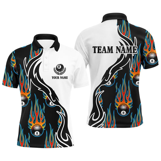 Billiard Polo Shirts, Flaming 8 Ball Billiard Pattern Custom Name Polo Shirts, Custom Basis Design Pool Shirts, Billiards Team Shirts