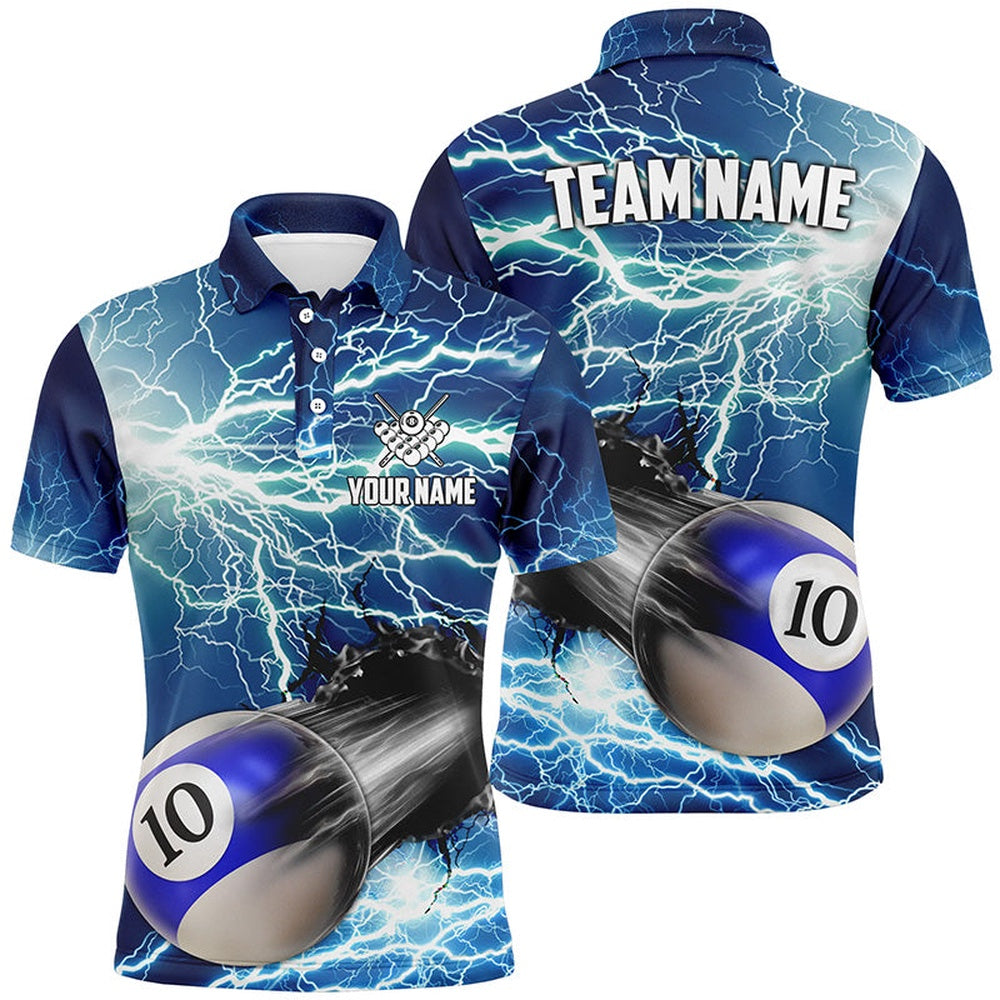 Billiard Polo Shirts, Funny 10 Ball Pool Rush Out Custom Thunder Lightning Blue Polo Shirts Best Billiard Team Shirts, Billiards Team Shirts