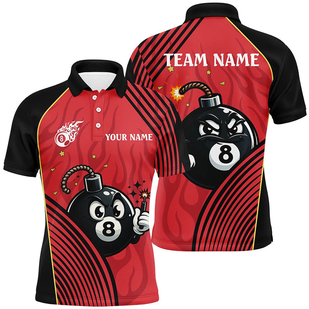 Billiard Polo Shirts, Funny 8 Ball Pool Bomb Black Red Billiard Polo Shirts Custom Ball 8 Billiards Shirts Funny, Billiards Team Shirts