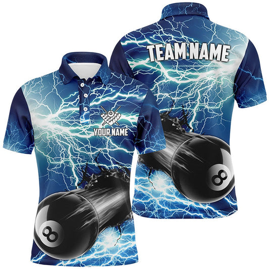 Billiard Polo Shirts, Funny 8 Ball Pool Rush Out Custom Thunder Lightning Blue Polo Shirts, Best Billiard Team Shirts, Billiards Team Shirts