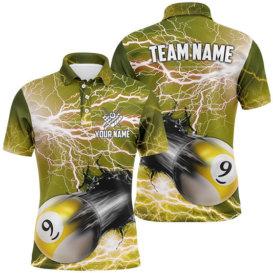 Billiard Polo Shirts, Funny 9 Ball Pool Rush Out Custom Thunder Lightning Yellow Polo Shirt Best Billiard Team Shirts, Billiards Team Shirts