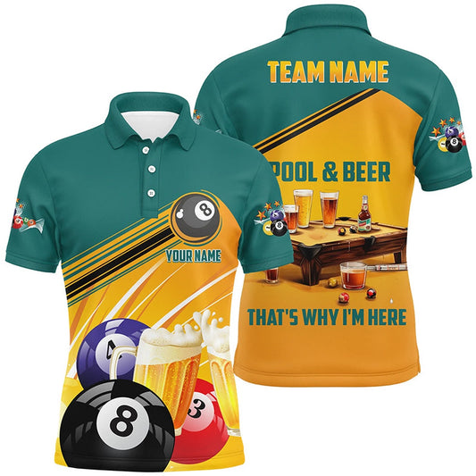 Billiard Polo Shirts, Funny Billiard Pool And Beer That'S Why I'M Here Custom 3D Polo Shirts, Funny Pool Shirts, Billiards Team Shirts