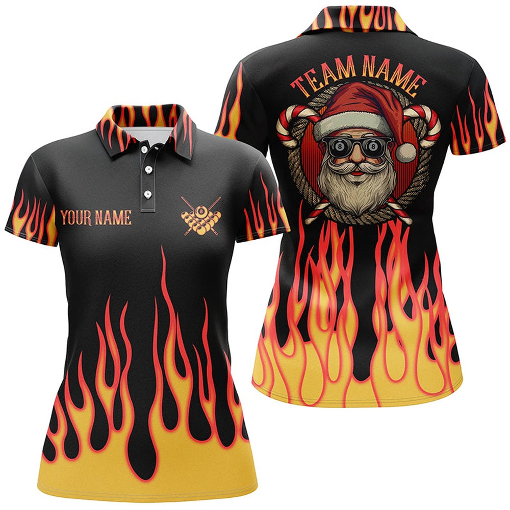 Billiard Polo Shirts, Funny Christmas Santa With Flame Custom Billiard Shirts, 8 Ball Pool Ladies Christmas Polo Shirts, Billiards Team Shirts