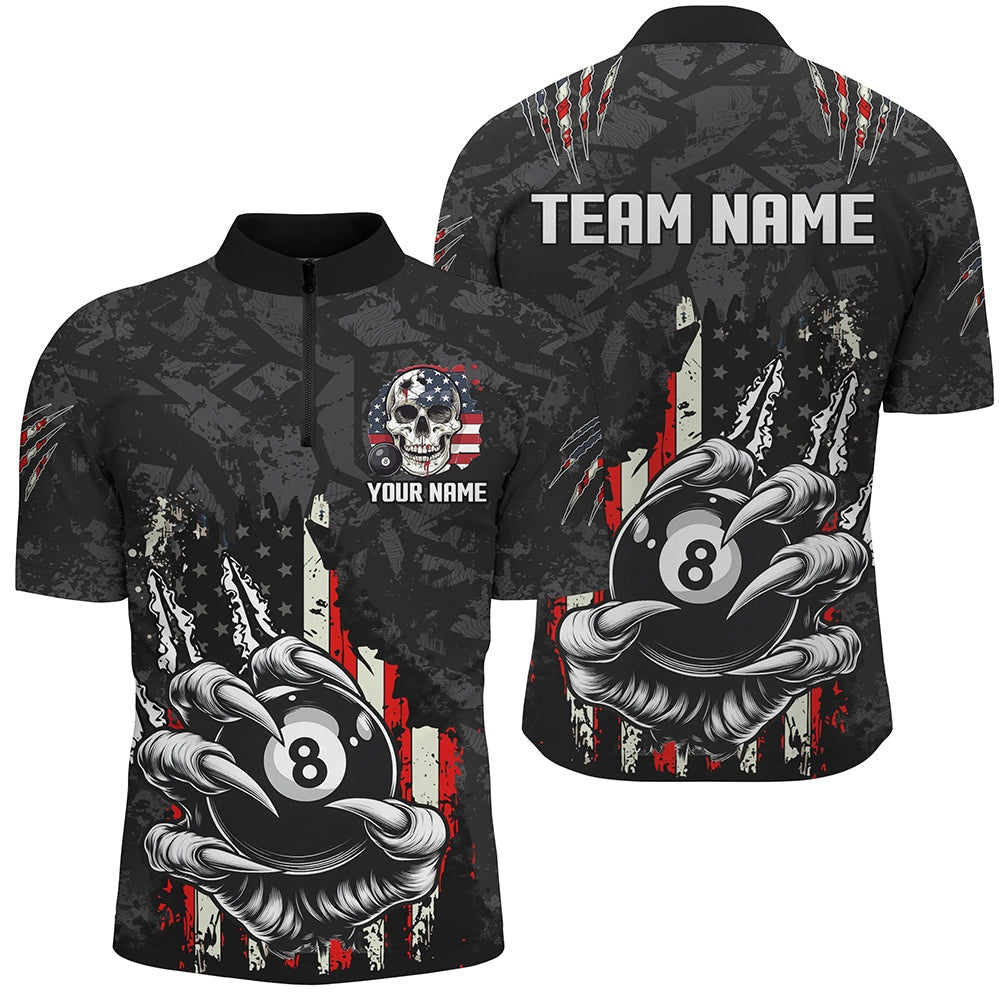 Billiard Polo Shirts, Funny Claw Tearing US Flag 8 Ball Pool Custom Billiard Shirts, Patriotic Billiard Jerseys, Billiards Team Shirts