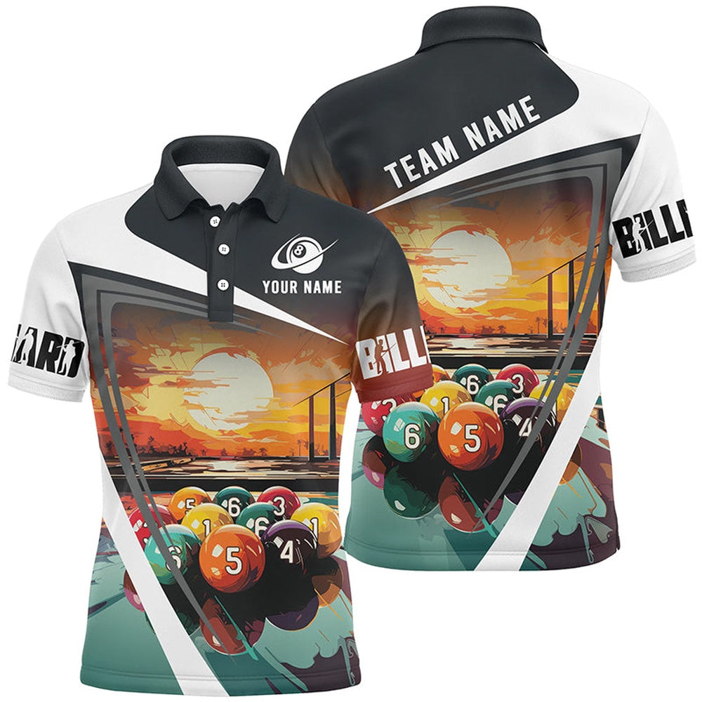 Billiard Polo Shirts, Funny Colorful Billiard Balls Sunset Painting Personalized Polo Shirts, Unique Billiard Attire, Billiards Team Shirts