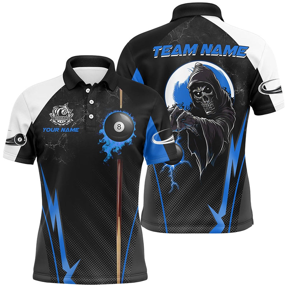 Billiard Polo Shirts, Funny Death Skeleton Ball 8 Fire And Cue Custom Billiard Shirts, Best 8 Ball Pool Jerseysâ Blue, Billiards Team Shirts