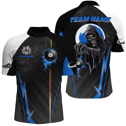 Billiard Polo Shirts, Funny Death Skeleton Ball 8 Fire And Cue Custom Billiard Shirts, Best 8 Ball Pool Jerseysâ Blue, Billiards Team Shirts
