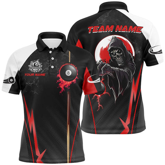 Billiard Polo Shirts, Funny Death Skeleton Ball 8 Fire And Cue Custom Billiard Shirts, Best 8 Ball Pool Jerseysâ Red, Billiards Team Shirts