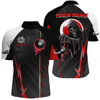 Billiard Polo Shirts, Funny Death Skeleton Ball 8 Fire And Cue Custom Billiard Shirts, Best 8 Ball Pool Jerseysâ Red, Billiards Team Shirts