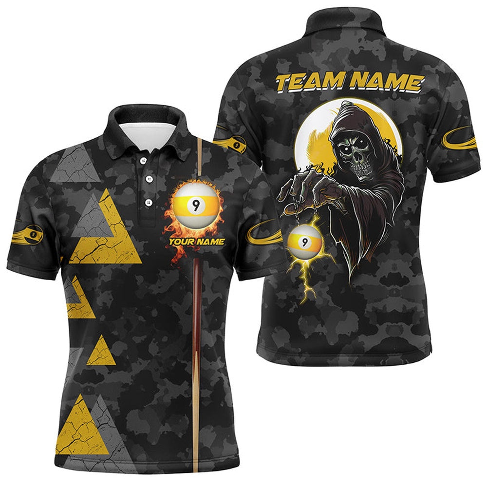 Billiard Polo Shirts, Funny Death Skeleton Ball 9 Fire And Cue Custom Camo Billiard Shirts, Best 9 Ball Pool Jerseys, Billiards Team Shirts