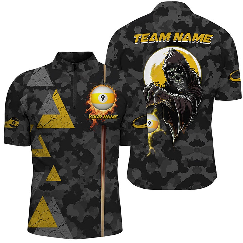 Billiard Polo Shirts, Funny Death Skeleton Ball 9 Fire And Cue Custom Camo Billiard Shirts, Best 9 Ball Pool Jerseys, Billiards Team Shirts