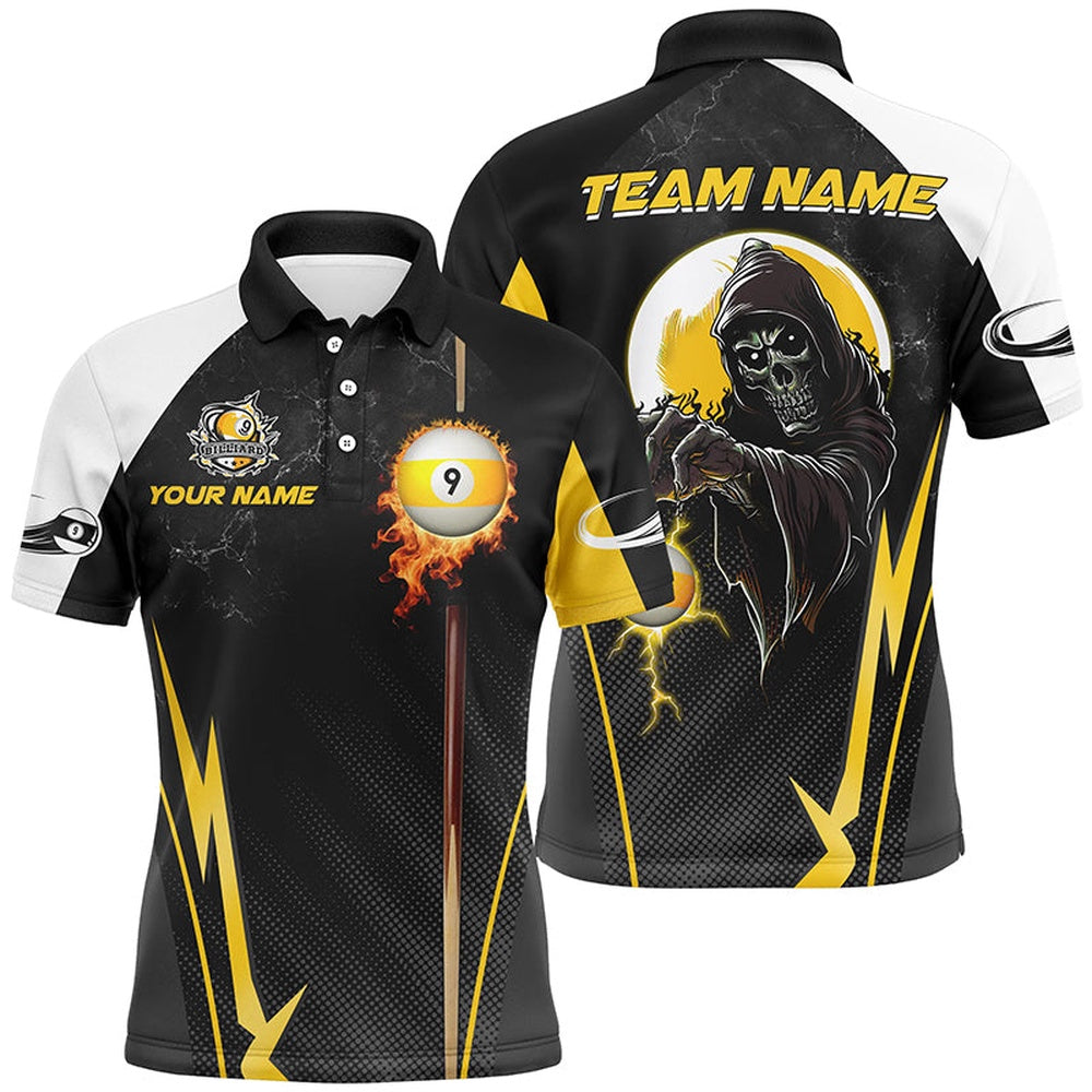 Billiard Polo Shirts, Funny Death Skeleton Billiard Ball 9 Fire And Cue Custom Polo Shirts, Best 9 Ball Pool Jerseys, Billiards Team Shirts