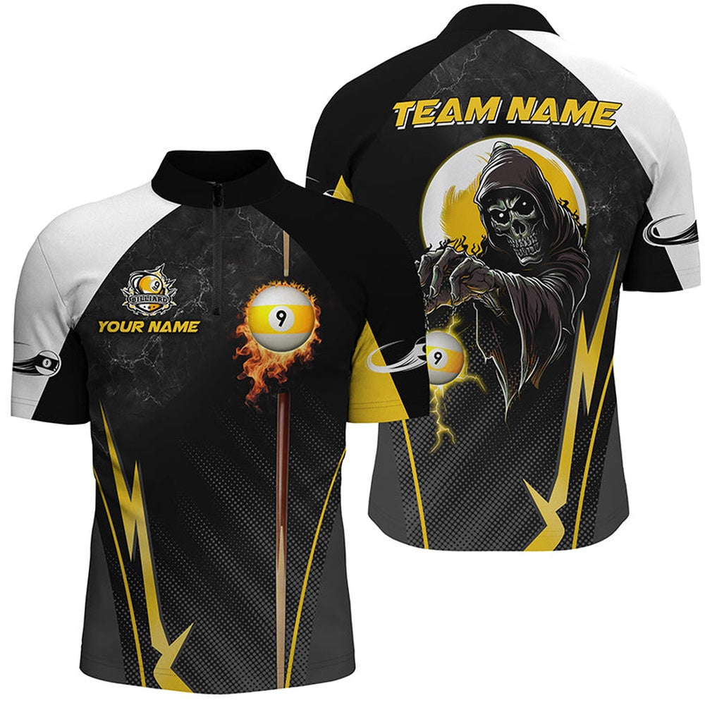 Billiard Polo Shirts, Funny Death Skeleton Billiard Ball 9 Fire And Cue Custom Polo Shirts, Best 9 Ball Pool Jerseys, Billiards Team Shirts