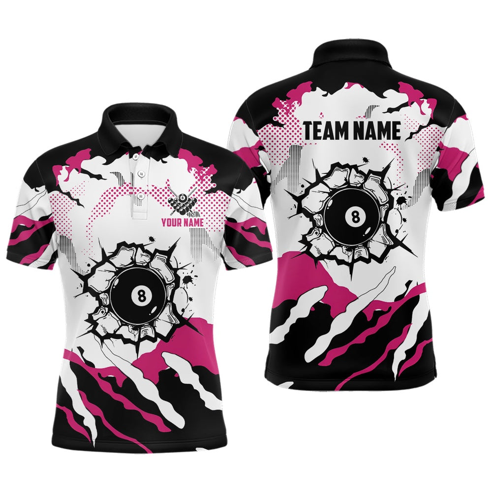 Billiard Polo Shirts, Funny Pink And White Camo 8 Ball Pool Break Custom Billiard Shirts, Billiard Jerseys Clothing, Billiards Team Shirts