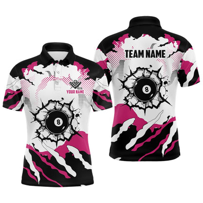 Billiard Polo Shirts, Funny Pink And White Camo 8 Ball Pool Break Custom Billiard Shirts, Billiard Jerseys Clothing, Billiards Team Shirts