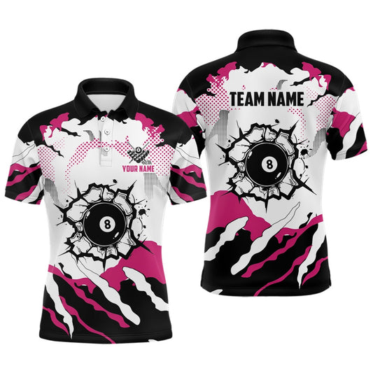 Billiard Polo Shirts, Funny Pink And White Camo 8 Ball Pool Break Custom Billiard Shirts, Billiard Jerseys Clothing, Billiards Team Shirts