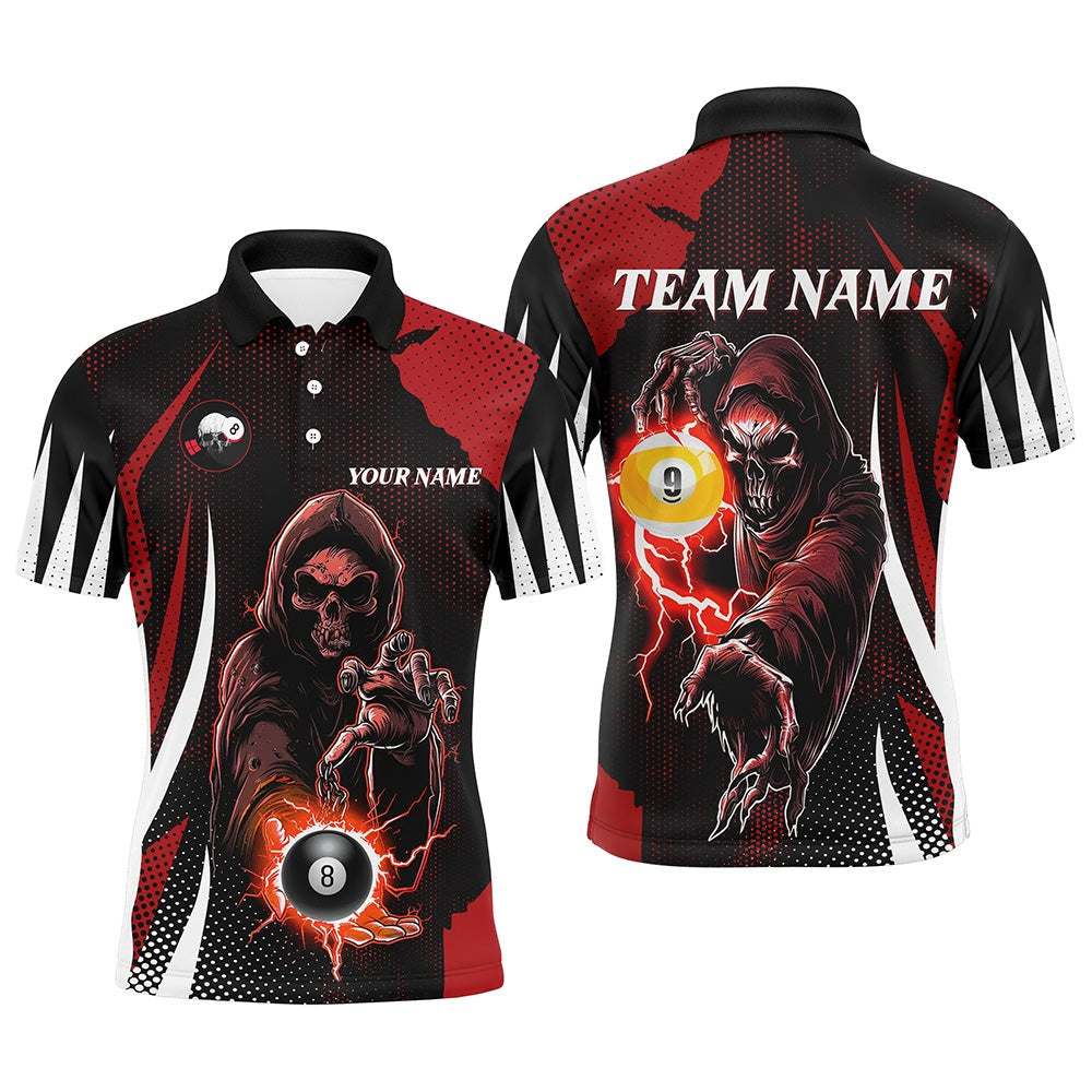 Billiard Polo Shirts, Funny Red Death Skeleton With Billiard 8 Ball & 9 Ball Polo Shirts Custom Billiard Team Jersey, Billiards Team Shirts