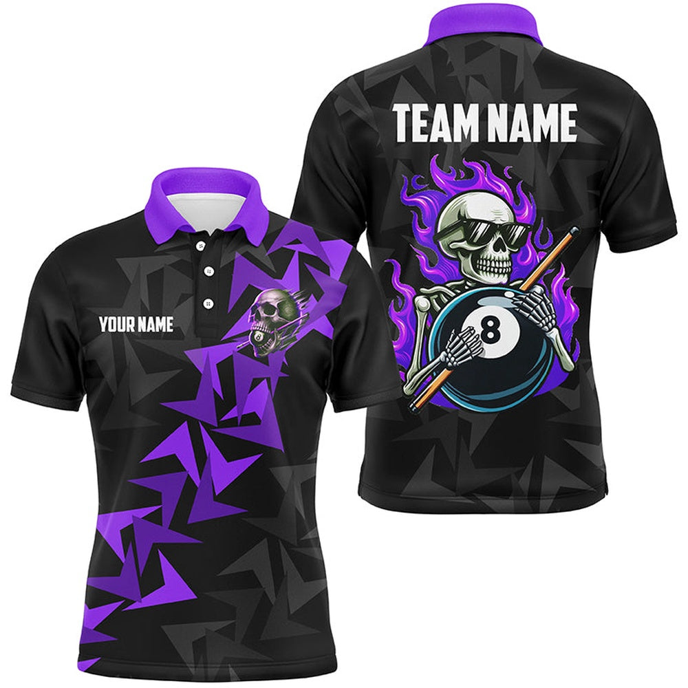 Billiard Polo Shirts, Funny Skeleton With 8 Ball Pool Custom Billiard Shirts, Cool Purple Billiard Jerseys Shirts, Billiards Team Shirts