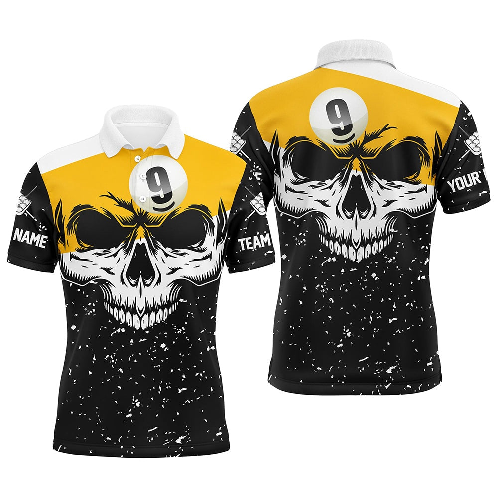 Billiard Polo Shirts, Funny Skull 9 Ball Pool Custom Grunge Black White Billiard Shirts, Billiard Jerseys Apparel, Billiards Team Shirts