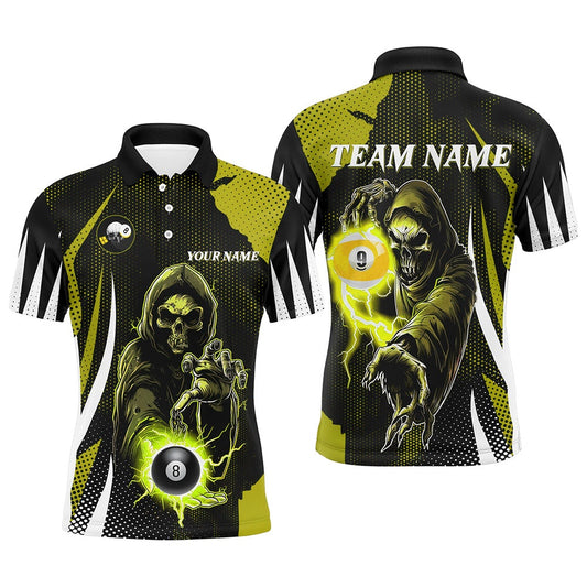 Billiard Polo Shirts, Funny Yellow Death Skeleton With Billiard 8 Ball & 9 Ball Polo Shirts Custom Billiard Team Jersey, Billiards Team Shirts