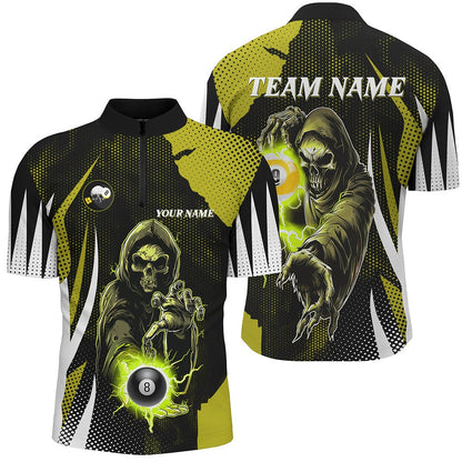 Billiard Polo Shirts, Funny Yellow Death Skeleton With Billiard 8 Ball & 9 Ball Polo Shirts Custom Billiard Team Jersey, Billiards Team Shirts