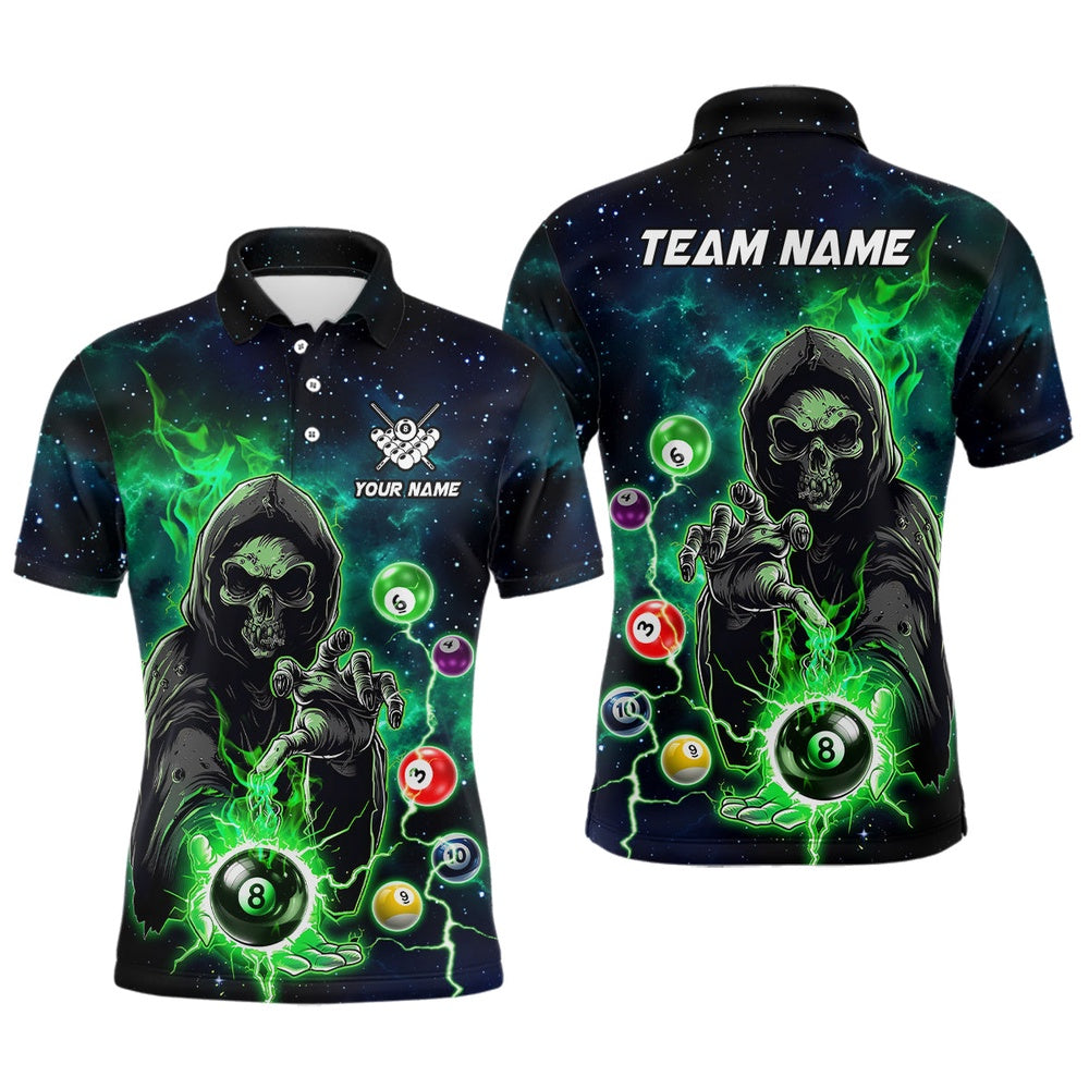 Billiard Polo Shirts, Green Billiard Death Skeleton Polo & Polo Shirts Customized Team League Billiard Jerseys, Billiards Team Shirts