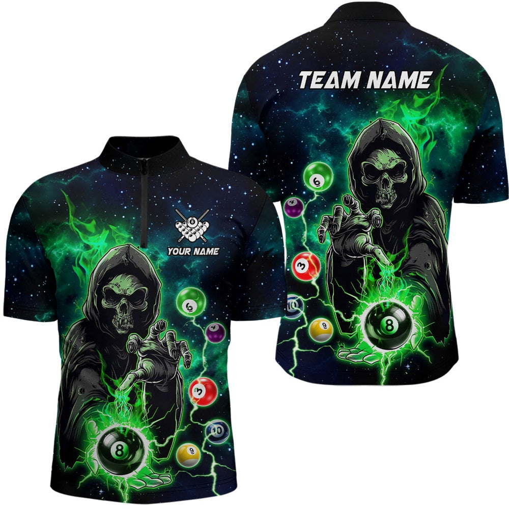 Billiard Polo Shirts, Green Billiard Death Skeleton Polo & Polo Shirts Customized Team League Billiard Jerseys, Billiards Team Shirts