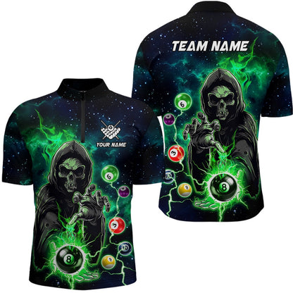Billiard Polo Shirts, Green Billiard Death Skeleton Polo & Polo Shirts Customized Team League Billiard Jerseys, Billiards Team Shirts