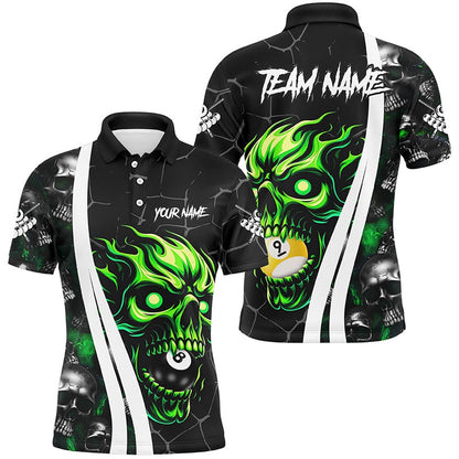 Billiard Polo Shirts, Green Billiard Skull 8 Ball & 9 Ball Custom Pool Shirts, Unique Team Billiard Jersey Design, Billiards Team Shirts
