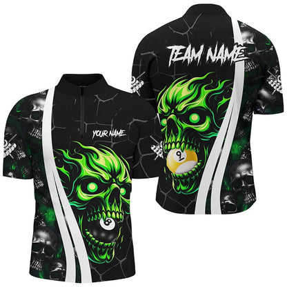 Billiard Polo Shirts, Green Billiard Skull 8 Ball & 9 Ball Custom Pool Shirts, Unique Team Billiard Jersey Design, Billiards Team Shirts