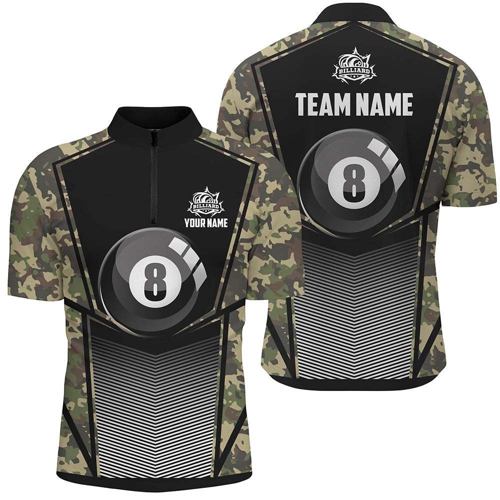 Billiard Polo Shirts, Green Camo Billiard 8 Ball Pool Polo Shirt Custom Unique Billiard Jerseys Attire, Billiards Team Shirts
