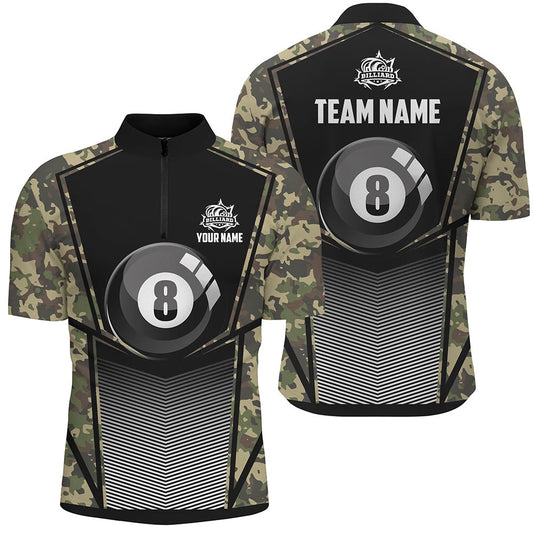 Billiard Polo Shirts, Green Camo Billiard 8 Ball Pool Polo Shirt Custom Unique Billiard Jerseys Attire, Billiards Team Shirts
