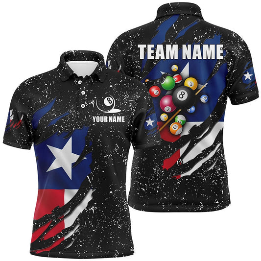 Billiard Polo Shirts, Grunge Texas Flag 3D Billiard Balls Polo Shirts Custom Patriotic Billiard Jerseys Attire, Billiards Team Shirts