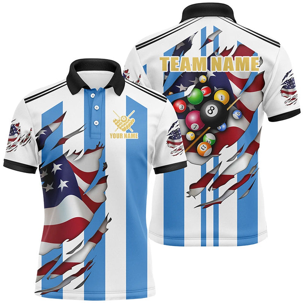 Billiard Polo Shirts, Grunge US Argentina Flag 3D Billiard Balls Pool Shirts Custom Patriotic Billiard Jerseys, Billiards Team Shirts