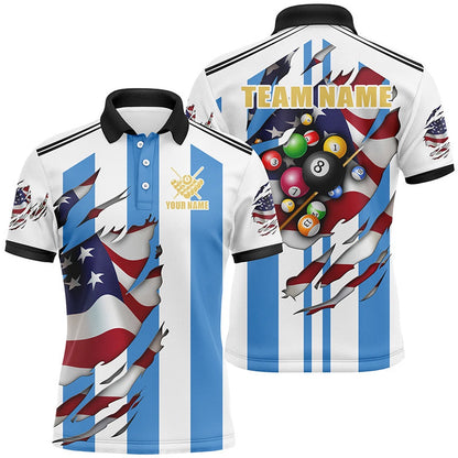 Billiard Polo Shirts, Grunge US Argentina Flag 3D Billiard Balls Pool Shirts Custom Patriotic Billiard Jerseys, Billiards Team Shirts