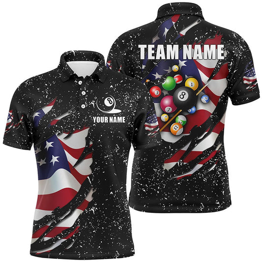 Billiard Polo Shirts, Grunge US Flag 3D Billiard Balls Polo Shirts Custom Patriotic Billiard Jerseys Attire, Billiards Team Shirts