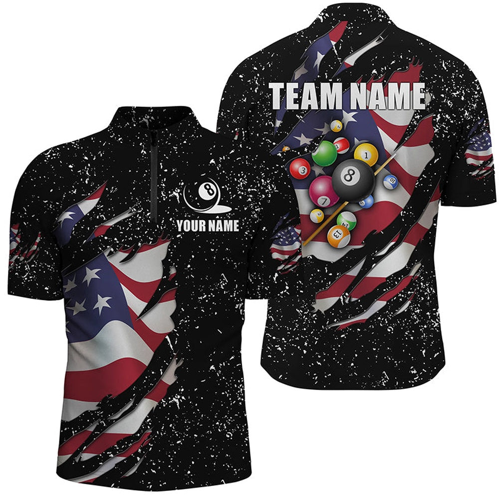 Billiard Polo Shirts, Grunge Us Flag 3D Billiard Balls Polo Shirt Custom Patriotic Billiard Jerseys, Billiards Team Shirts