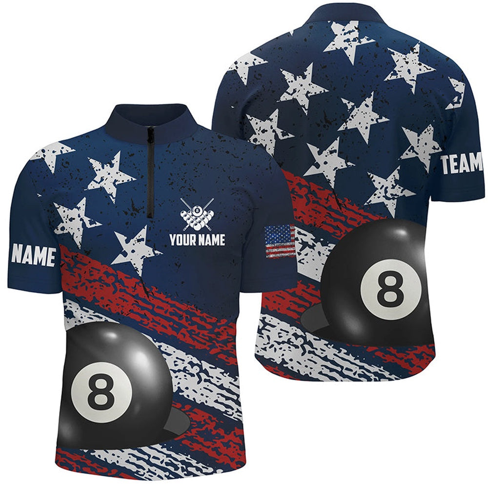 Billiard Polo Shirts, Grunge Us Flag 8 Ball Pool Polo Shirts Custom Patriotic Billiard Attire Jerseys, Billiards Team Shirts