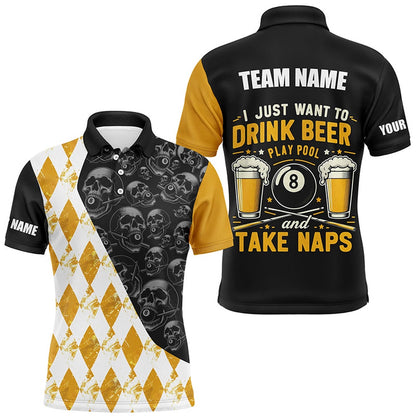 Billiard Polo Shirts, I Just Want To Drink Beer Billiard Shirt Custom Yellow Argyle Skull Pattern Billiard Jersey, Billiards Team Shirts